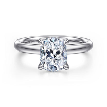 14K White Gold Elongated Cushion Solitaire Diamond Engagement Ring — Gabriel & Co. ER16571G8W4JJJ; center stone shown for illustration, not included
