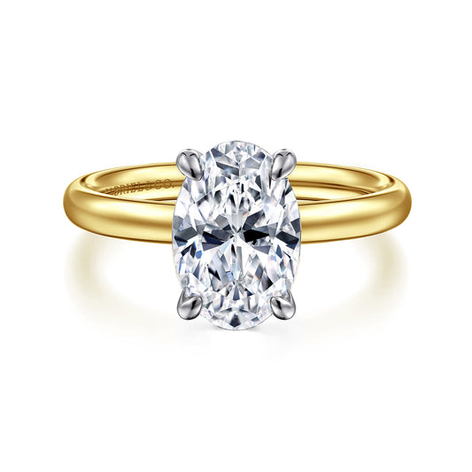 14K White-Yellow Gold Oval Solitaire Diamond Engagement Ring — Gabriel & Co. ER16571O8M4JJJ; center stone shown for illustration, not included
