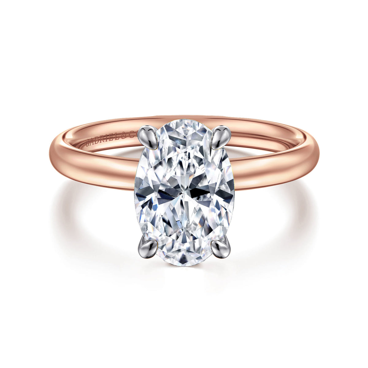 14K White-Rose Gold Oval Solitaire Diamond Engagement Ring — Gabriel & Co. ER16571O8T4JJJ; center stone shown for illustration, not included