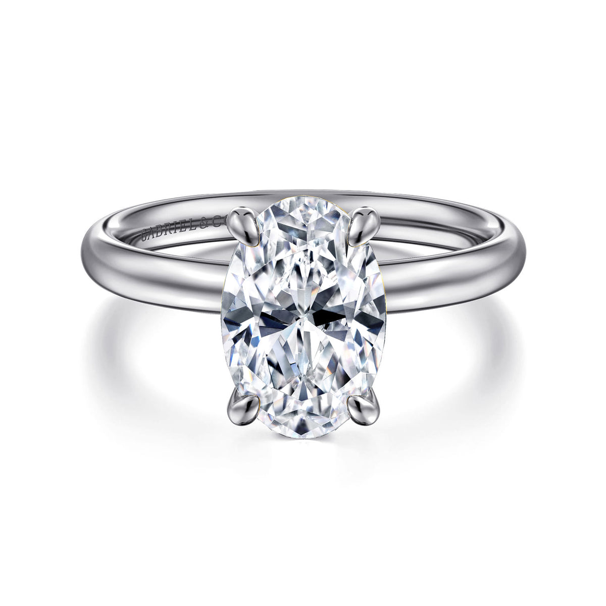14K White Gold Oval Solitaire Diamond Engagement Ring — Gabriel & Co. ER16571O8W4JJJ; center stone shown for illustration, not included