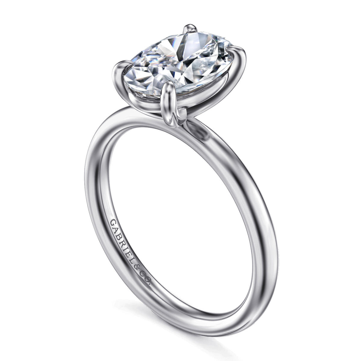 14K White Gold Oval Solitaire Diamond Engagement Ring — Gabriel & Co. ER16571O8W4JJJ; center stone shown for illustration, not included
