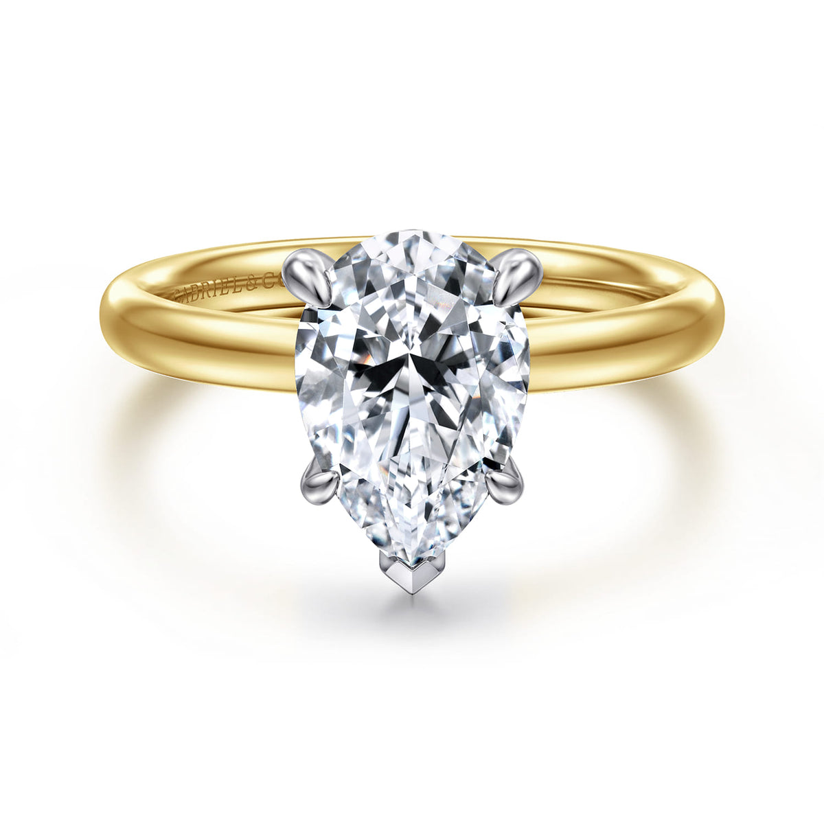 14K White-Yellow Gold Pear Shape Solitaire Diamond Engagement Ring — Gabriel & Co. ER16571P8M4JJJ; center stone shown for illustration, not included