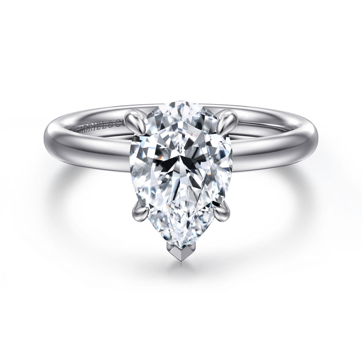14K White Gold Pear Shape Solitaire Diamond Engagement Ring — Gabriel & Co. ER16571P8W4JJJ; center stone shown for illustration, not included
