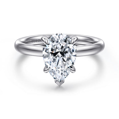 14K White Gold Pear Shape Solitaire Diamond Engagement Ring — Gabriel & Co. ER16571P8W4JJJ; center stone shown for illustration, not included