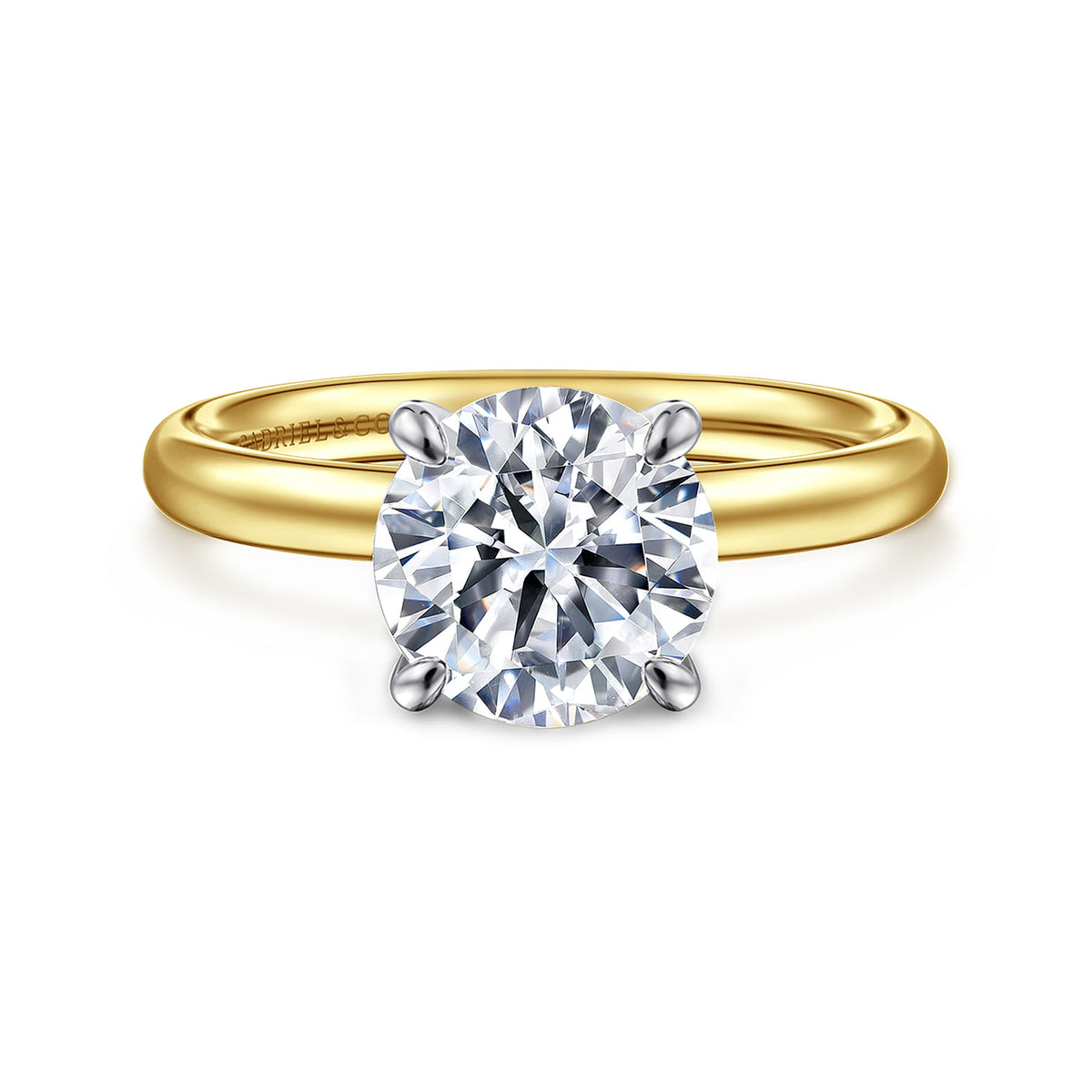 14K White-Yellow Gold Round Solitaire Diamond Engagement Ring — Gabriel & Co. ER16571R8M4JJJ; center stone shown for illustration, not included