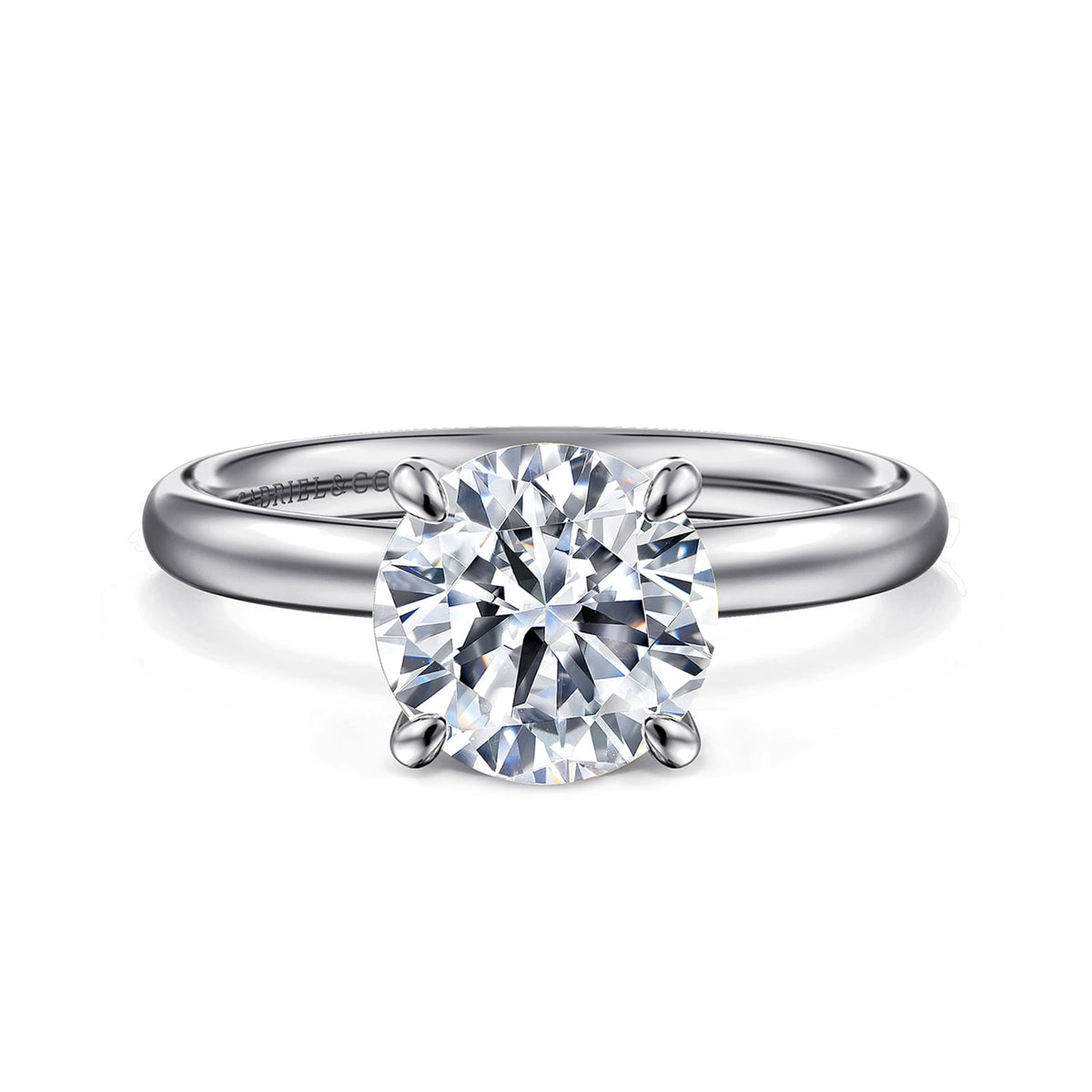 Platinum Round Solitaire Engagement Ring — Gabriel & Co. ER16571R8PTJJJ; center stone shown for illustration, not included