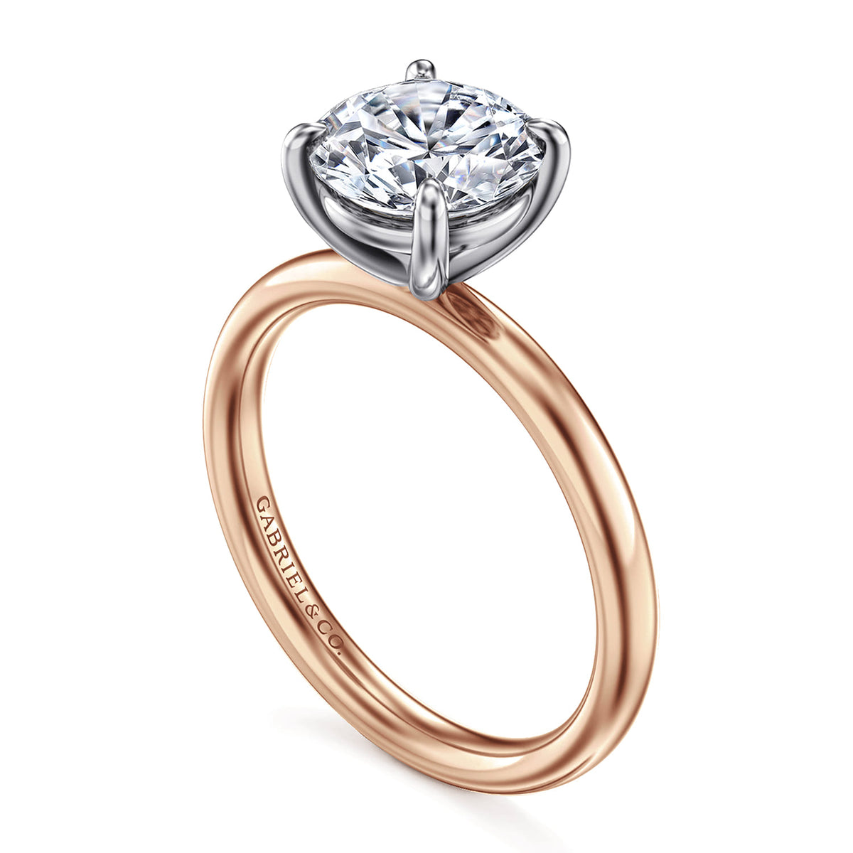 14K White-Rose Gold Round Solitaire Diamond Engagement Ring — Gabriel & Co. ER16571R8T4JJJ; center stone shown for illustration, not included