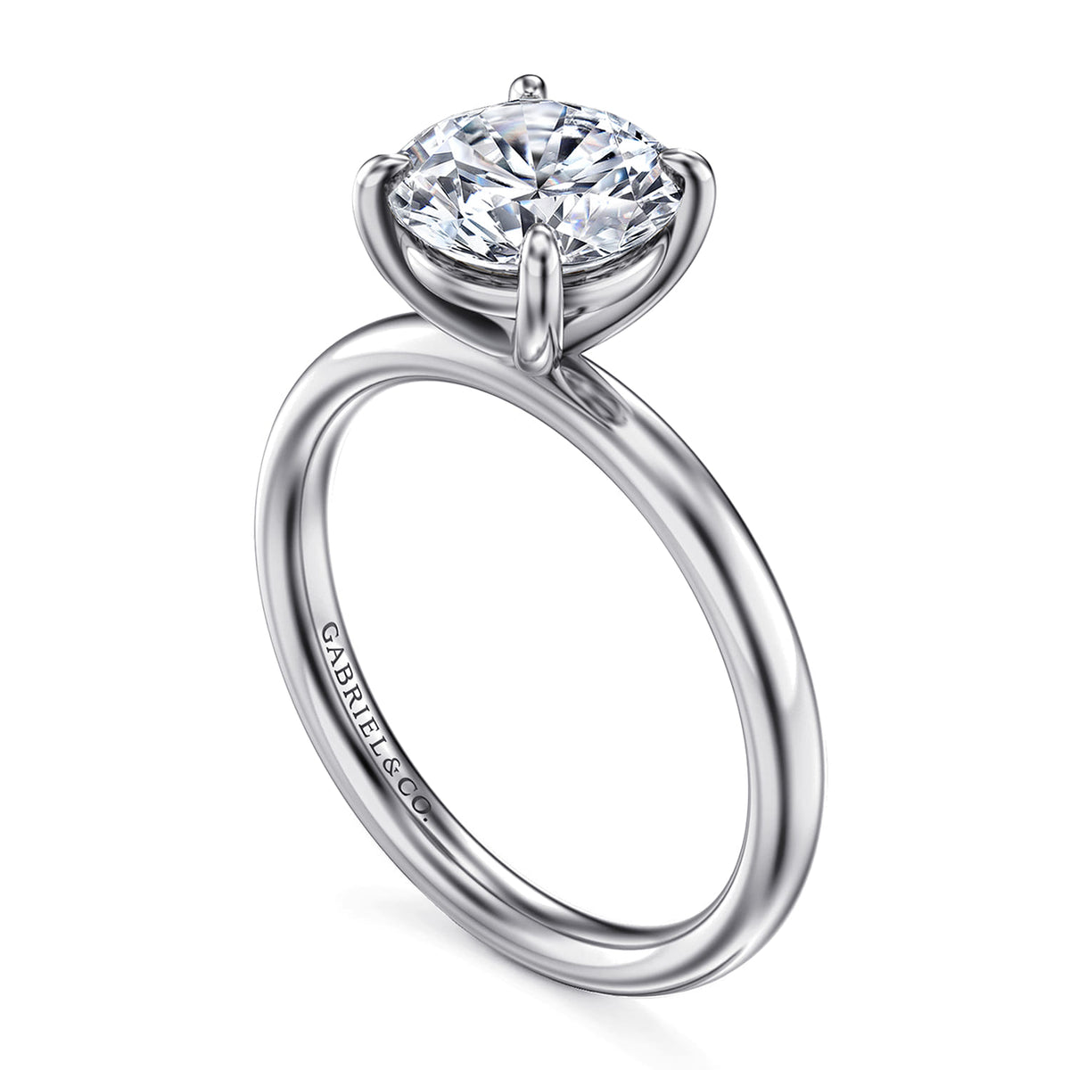 14K White Gold Round Solitaire Diamond Engagement Ring — Gabriel & Co. ER16571R8W4JJJ; center stone shown for illustration, not included