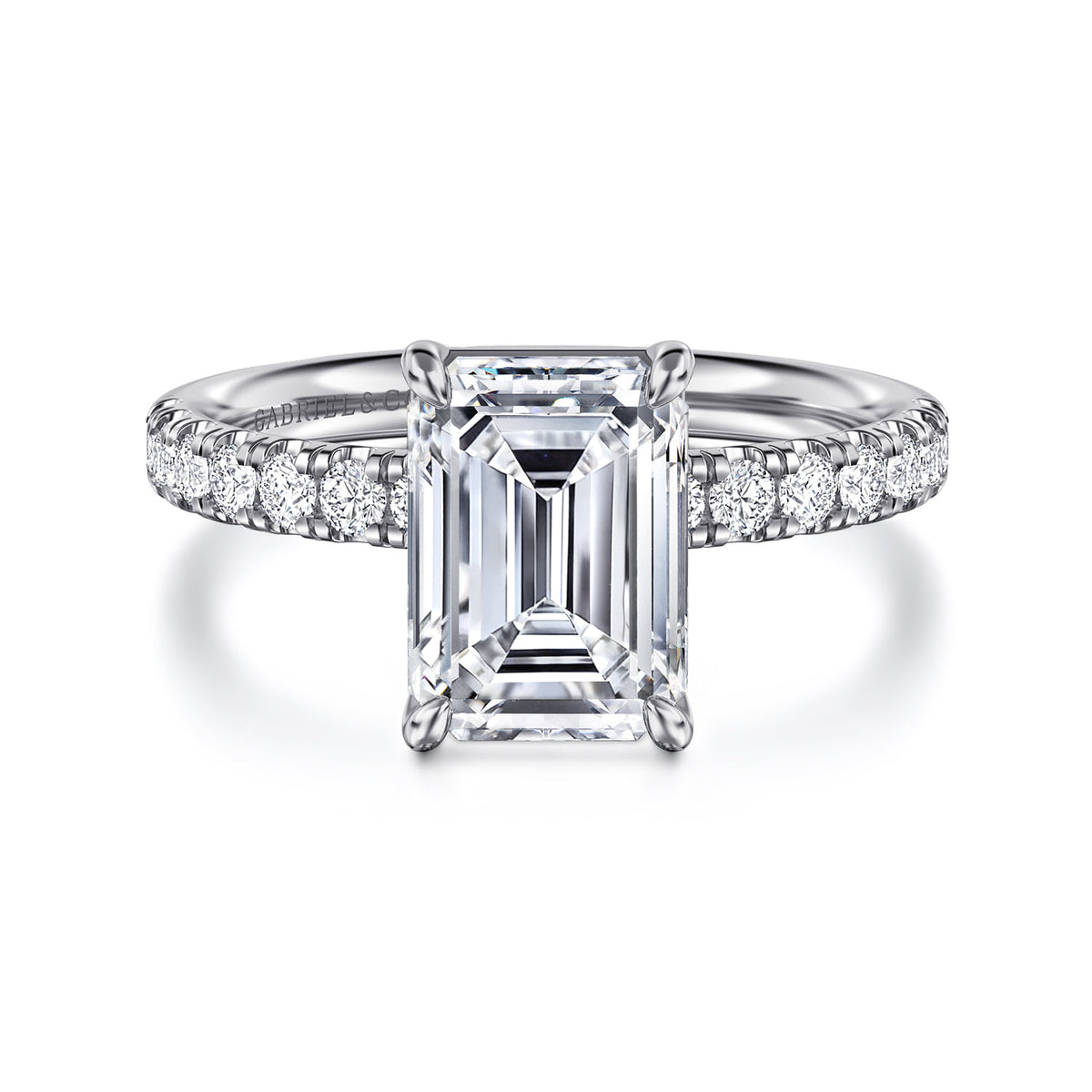 14K White Gold Emerald Cut Diamond Engagement Ring — ER16572E10W44JJ; center stone shown for illustration, not included