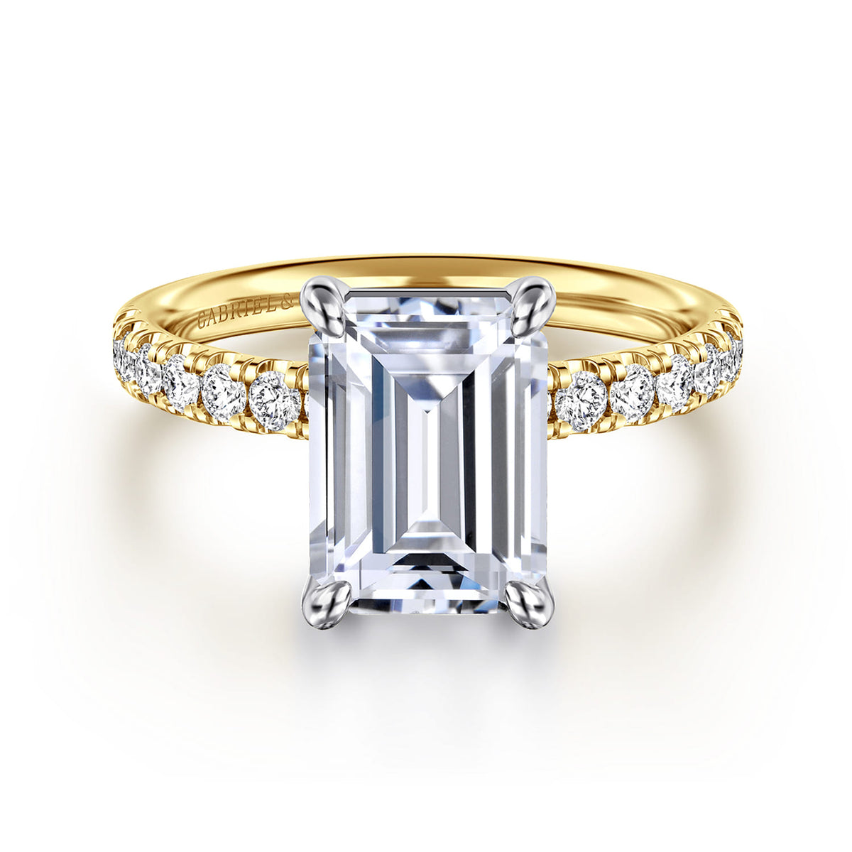 14K White-Yellow Gold Emerald Cut Diamond Engagement Ring — Gabriel & Co. ER16572E12M44JJ; center stone shown for illustration, not included