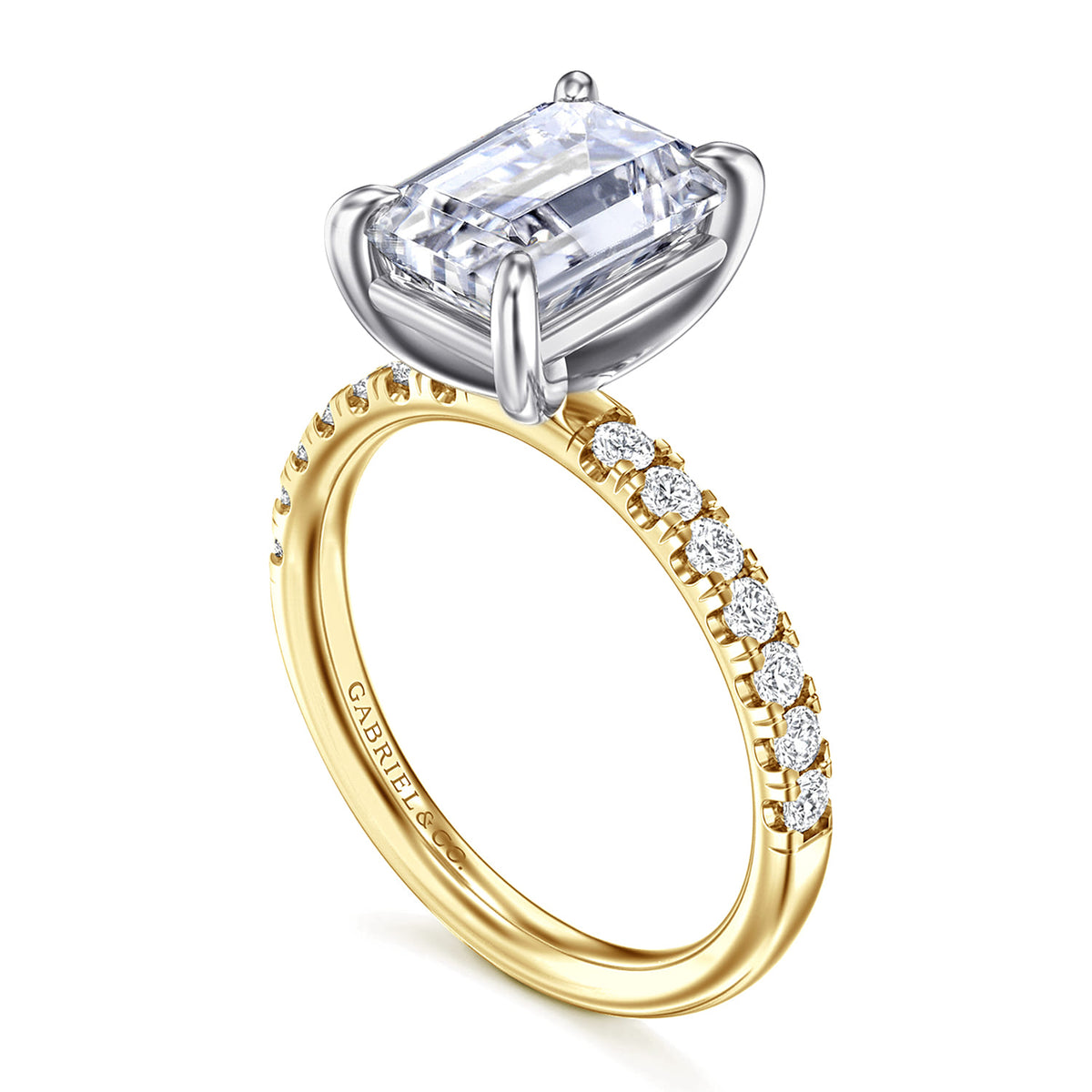14K White-Yellow Gold Emerald Cut Diamond Engagement Ring — Gabriel & Co. ER16572E12M44JJ; center stone shown for illustration, not included
