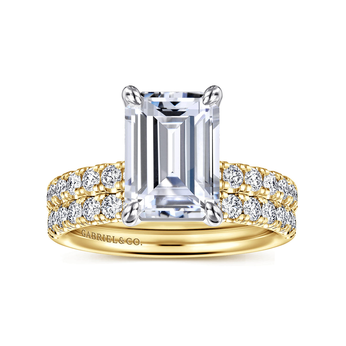 14K White-Yellow Gold Emerald Cut Diamond Engagement Ring — Gabriel & Co. ER16572E12M44JJ; center stone shown for illustration, not included