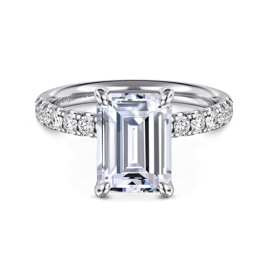 14K White Gold Emerald Cut Diamond Engagement Ring — Gabriel & Co. ER16572E12W44JJ; center stone shown for illustration, not included
