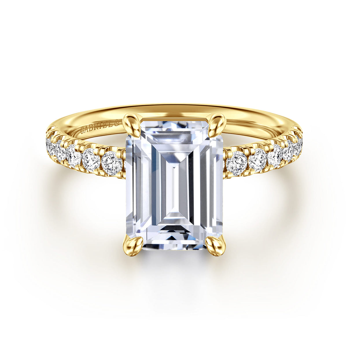 14K Yellow Gold Emerald Cut Diamond Engagement Ring — Gabriel & Co. ER16572E12Y44JJ; center stone shown for illustration, not included