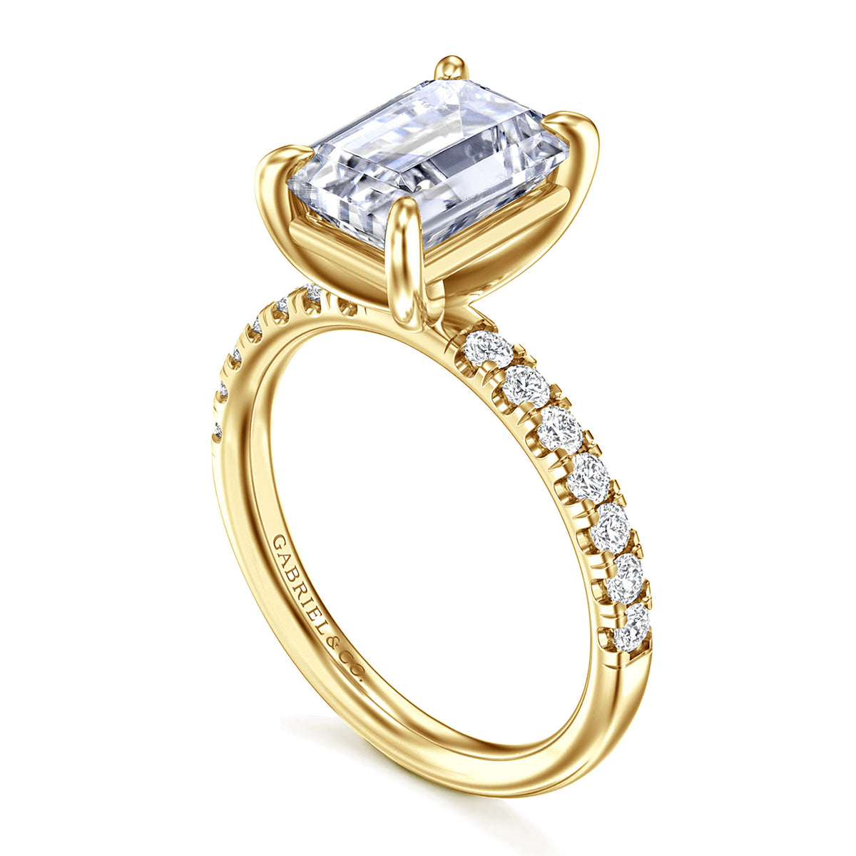 14K Yellow Gold Emerald Cut Diamond Engagement Ring — Gabriel & Co. ER16572E12Y44JJ; center stone shown for illustration, not included