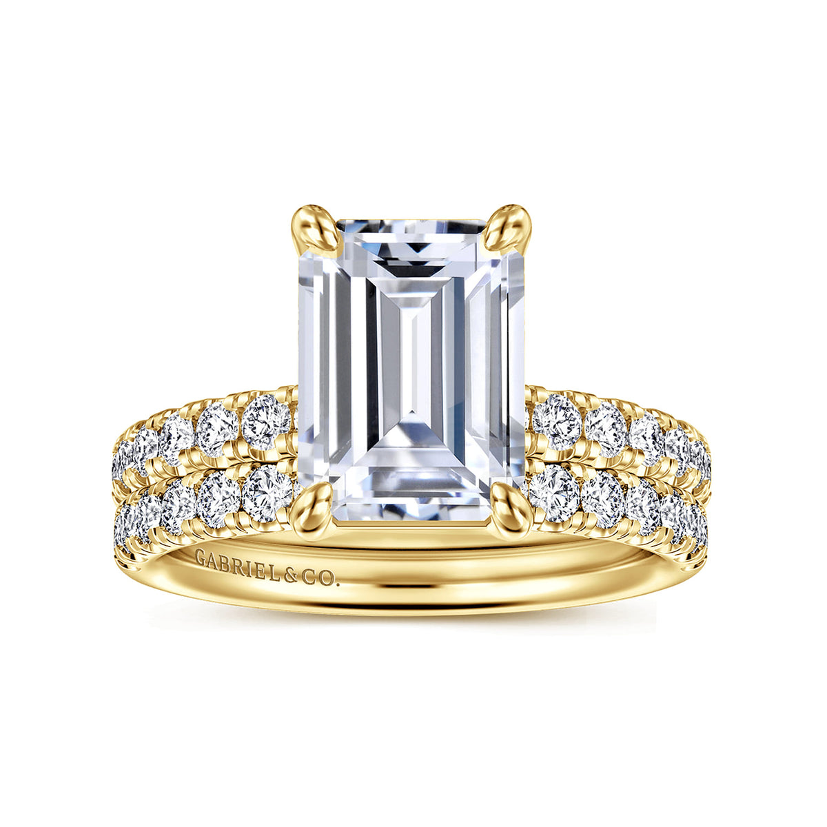14K Yellow Gold Emerald Cut Diamond Engagement Ring — Gabriel & Co. ER16572E12Y44JJ; center stone shown for illustration, not included