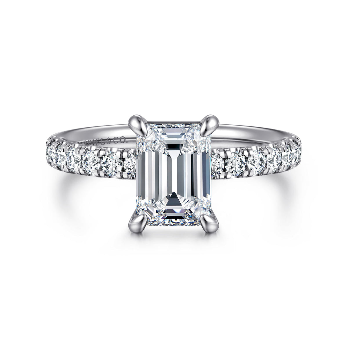 14K White Gold Emerald Cut Diamond Engagement Ring — ER16572E6W44JJ; center stone shown for illustration, not included