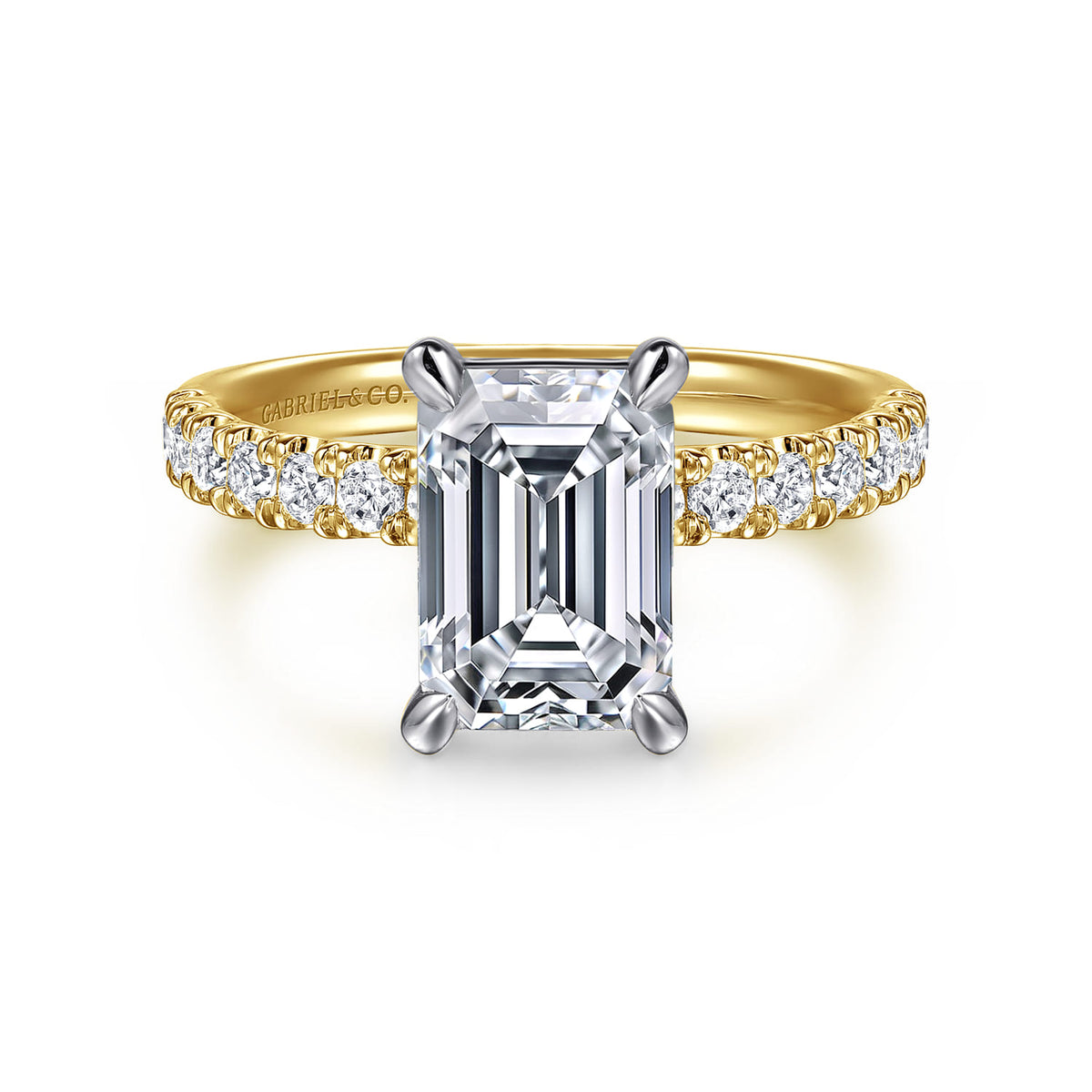 14K White-Yellow Gold Emerald Cut Diamond Engagement Ring — Gabriel & Co. ER16572E8M44JJ; center stone shown for illustration, not included