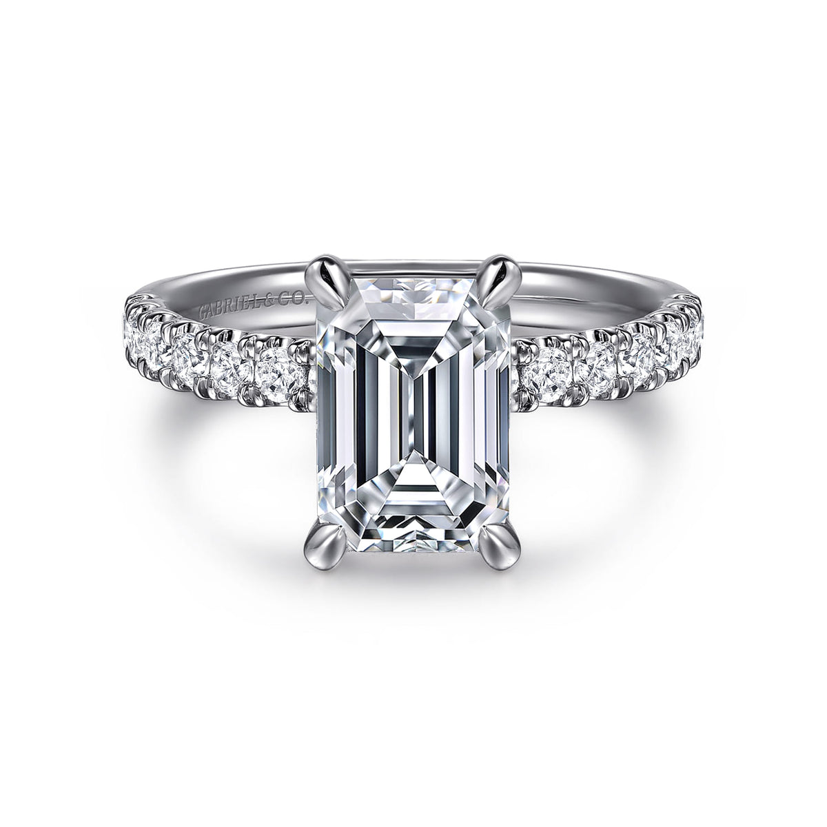14K White Gold Emerald Cut Diamond Engagement Ring — Gabriel & Co. ER16572E8W44JJ; center stone shown for illustration, not included