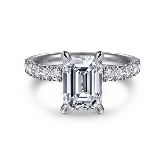 14K White Gold Emerald Cut Diamond Engagement Ring — Gabriel & Co. ER16572E8W44JJ; center stone shown for illustration, not included