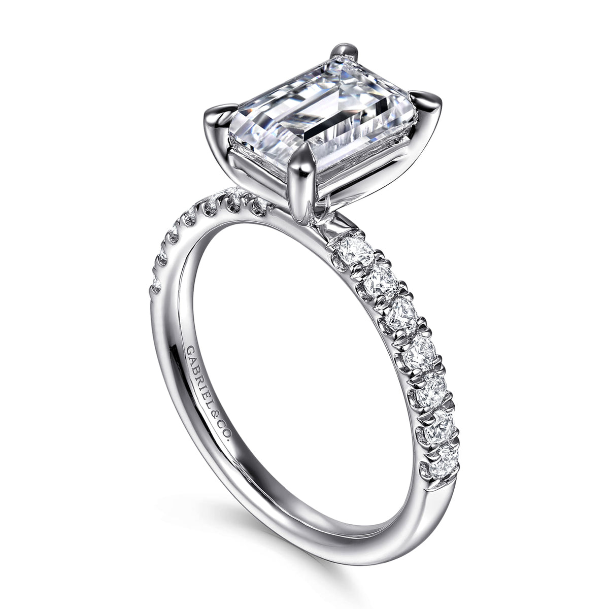 14K White Gold Emerald Cut Diamond Engagement Ring — Gabriel & Co. ER16572E8W44JJ; center stone shown for illustration, not included