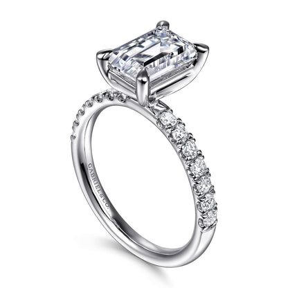 14K White Gold Emerald Cut Diamond Engagement Ring — Gabriel & Co. ER16572E8W44JJ; center stone shown for illustration, not included