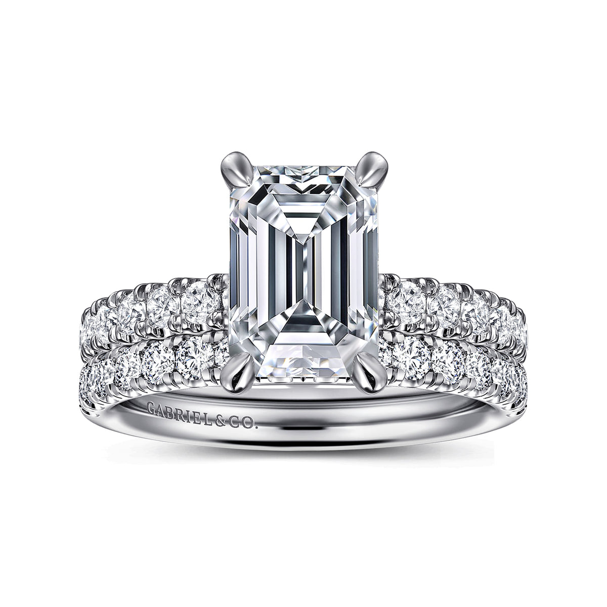 14K White Gold Emerald Cut Diamond Engagement Ring — Gabriel & Co. ER16572E8W44JJ; center stone shown for illustration, not included