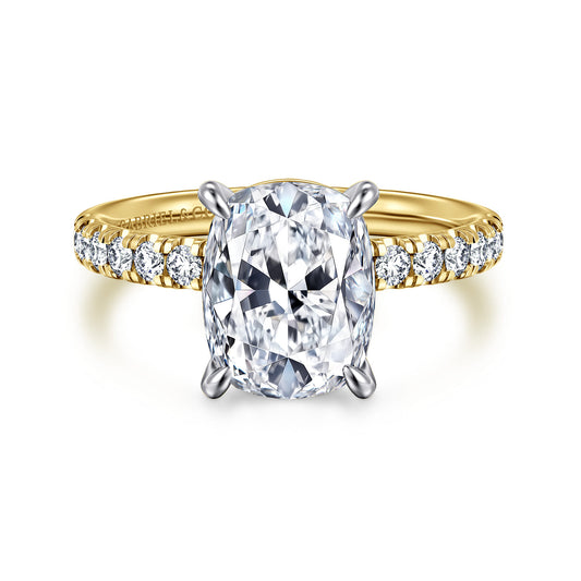 14K White-Yellow Gold Elongated Cushion Diamond Engagement Ring — Gabriel & Co. ER16572G12M44JJ; center stone shown for illustration, not included