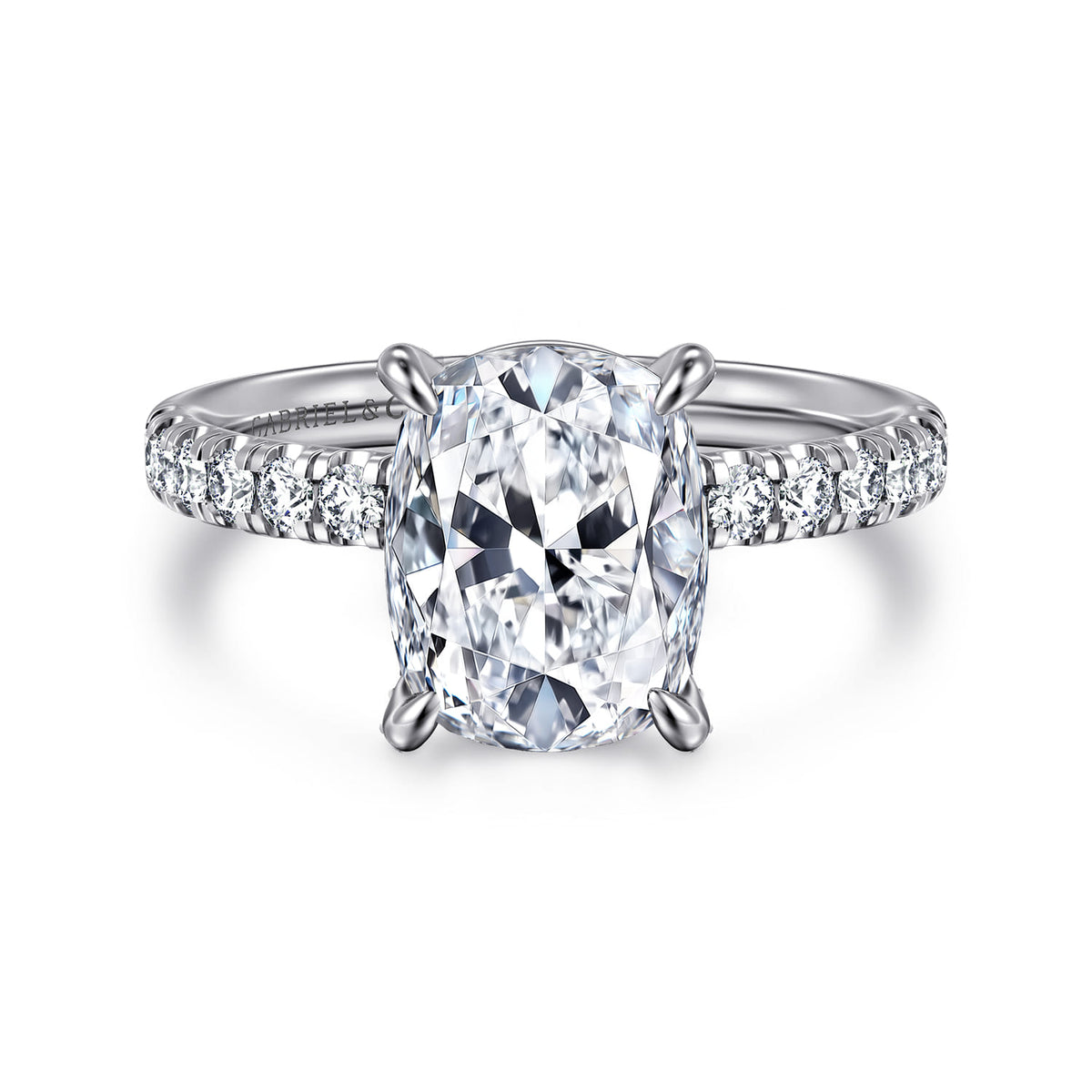 14K White Gold Elongated Cushion Diamond Engagement Ring — Gabriel & Co. ER16572G12W44JJ; center stone shown for illustration, not included