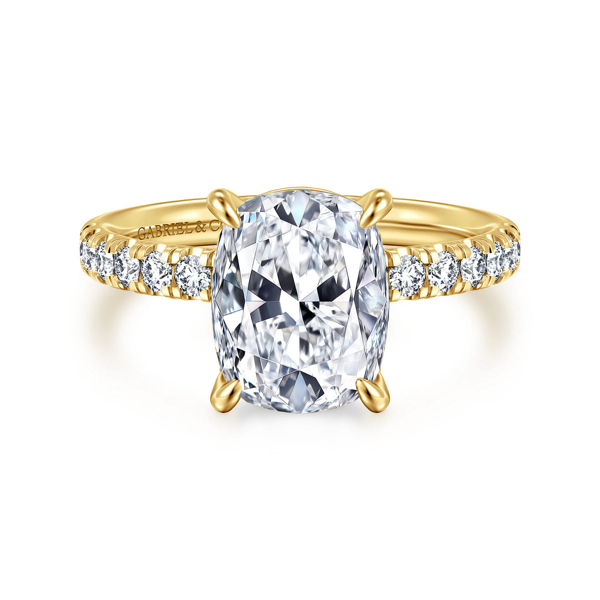 14K Yellow Gold Elongated Cushion Diamond Engagement Ring — Gabriel & Co. ER16572G12Y44JJ; center stone shown for illustration, not included