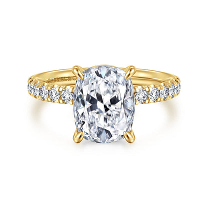 14K Yellow Gold Elongated Cushion Diamond Engagement Ring — Gabriel & Co. ER16572G12Y44JJ; center stone shown for illustration, not included
