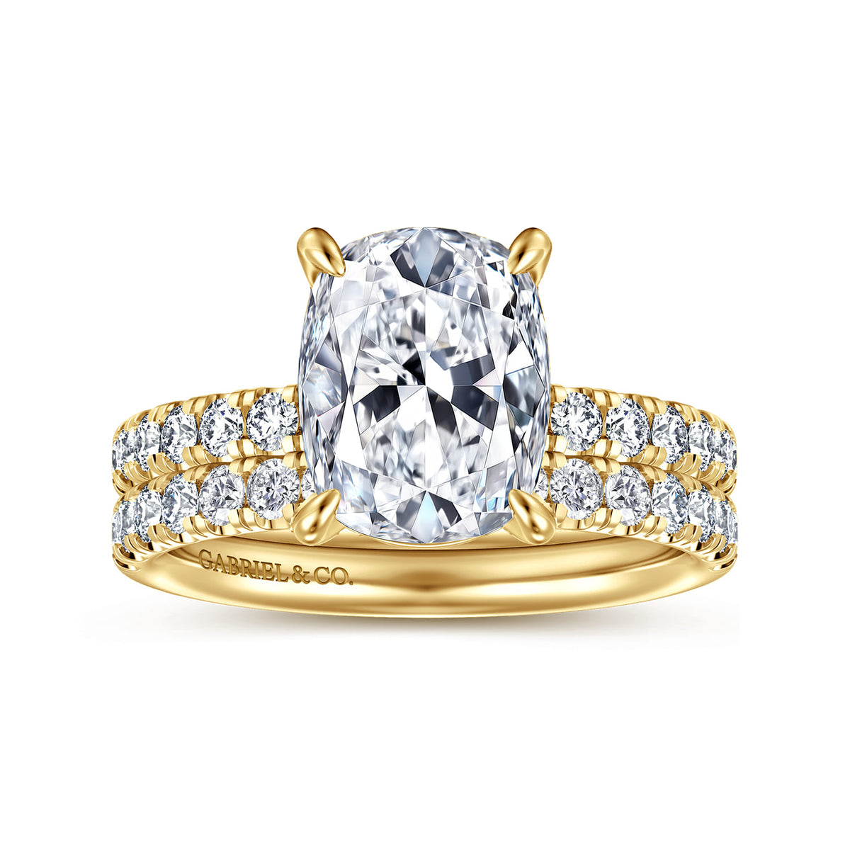 14K Yellow Gold Elongated Cushion Diamond Engagement Ring — Gabriel & Co. ER16572G12Y44JJ; center stone shown for illustration, not included