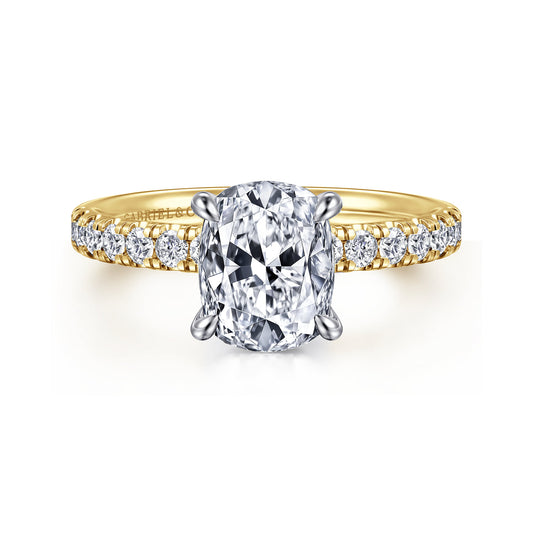 14K White-Yellow Gold Elongated Cushion Diamond Engagement Ring — Gabriel & Co. ER16572G8M44JJ; center stone shown for illustration, not included