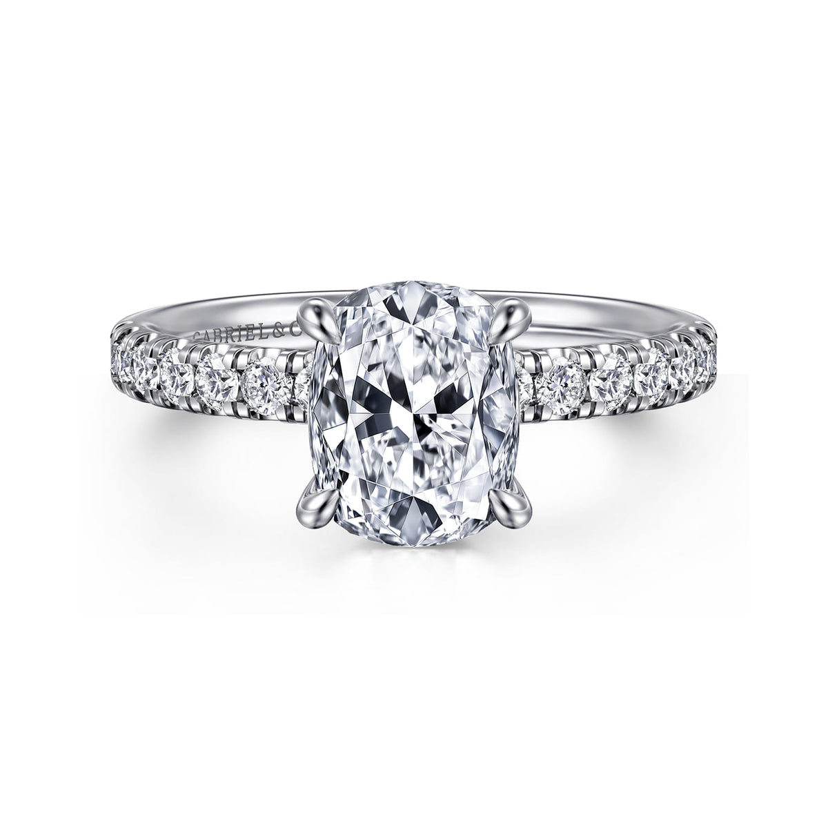 14K White Gold Elongated Cushion Diamond Engagement Ring — Gabriel & Co. ER16572G8W44JJ; center stone shown for illustration, not included