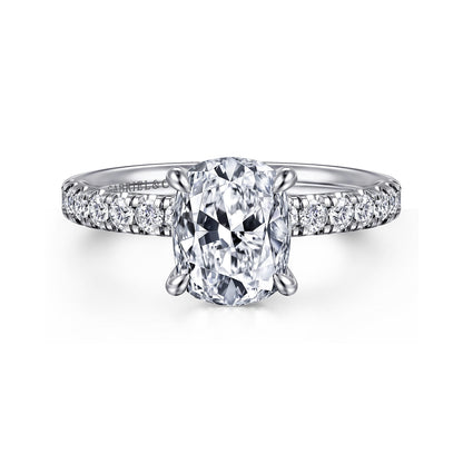 14K White Gold Elongated Cushion Diamond Engagement Ring — Gabriel & Co. ER16572G8W44JJ; center stone shown for illustration, not included