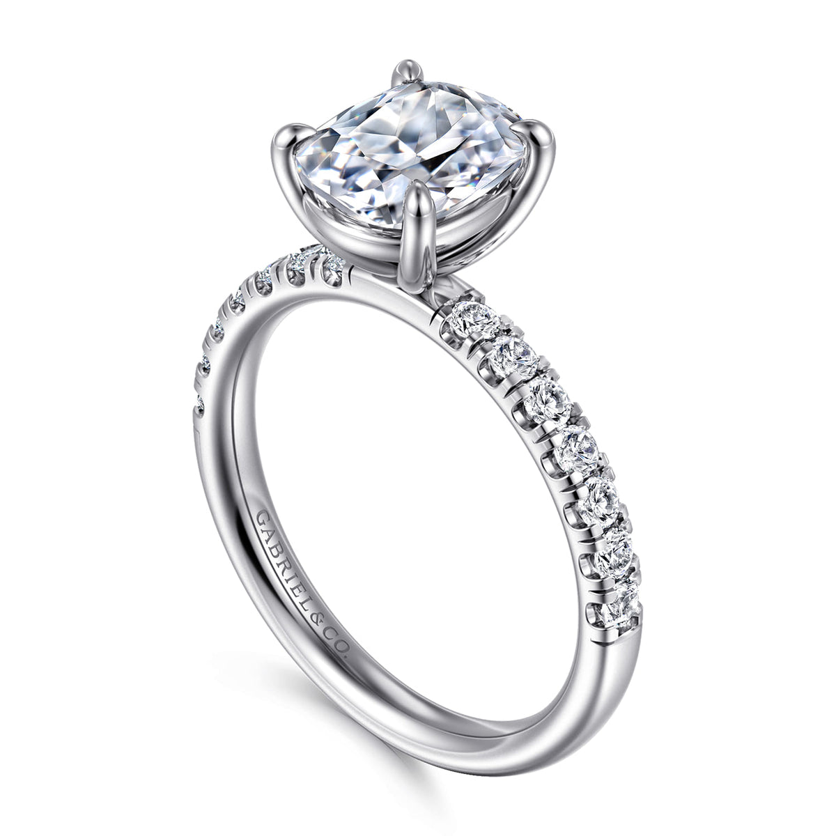 14K White Gold Elongated Cushion Diamond Engagement Ring — Gabriel & Co. ER16572G8W44JJ; center stone shown for illustration, not included