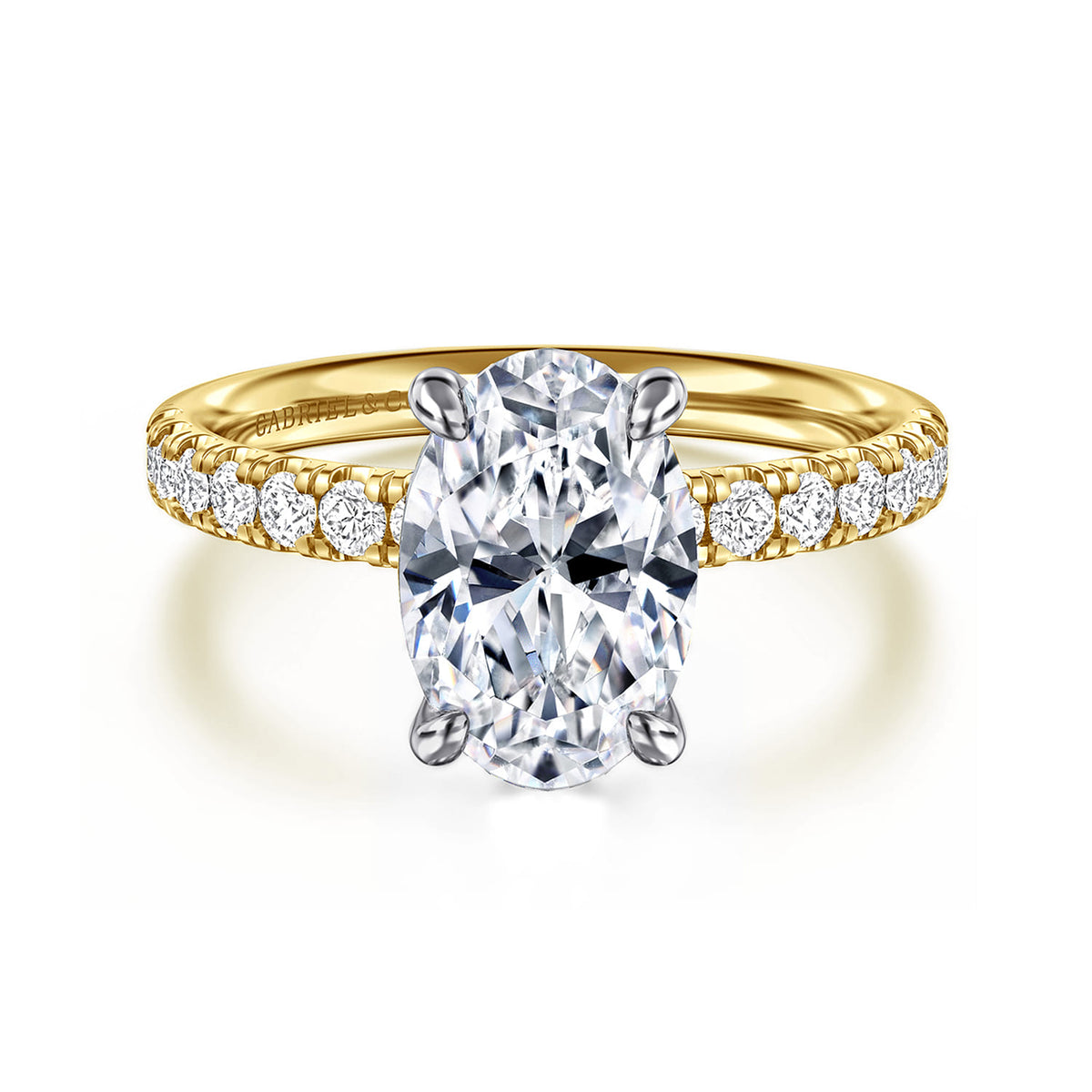 14K White-Yellow Gold Oval Diamond Engagement Ring — Gabriel & Co. ER16572O8M44JJ; center stone shown for illustration, not included