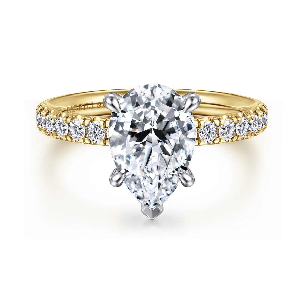 14K White-Yellow Gold Pear Shape Diamond Engagement Ring — Gabriel & Co. ER16572P8M44JJ; center stone shown for illustration, not included