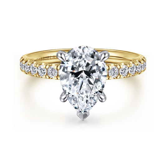 14K White-Yellow Gold Pear Shape Diamond Engagement Ring — Gabriel & Co. ER16572P8M44JJ; center stone shown for illustration, not included