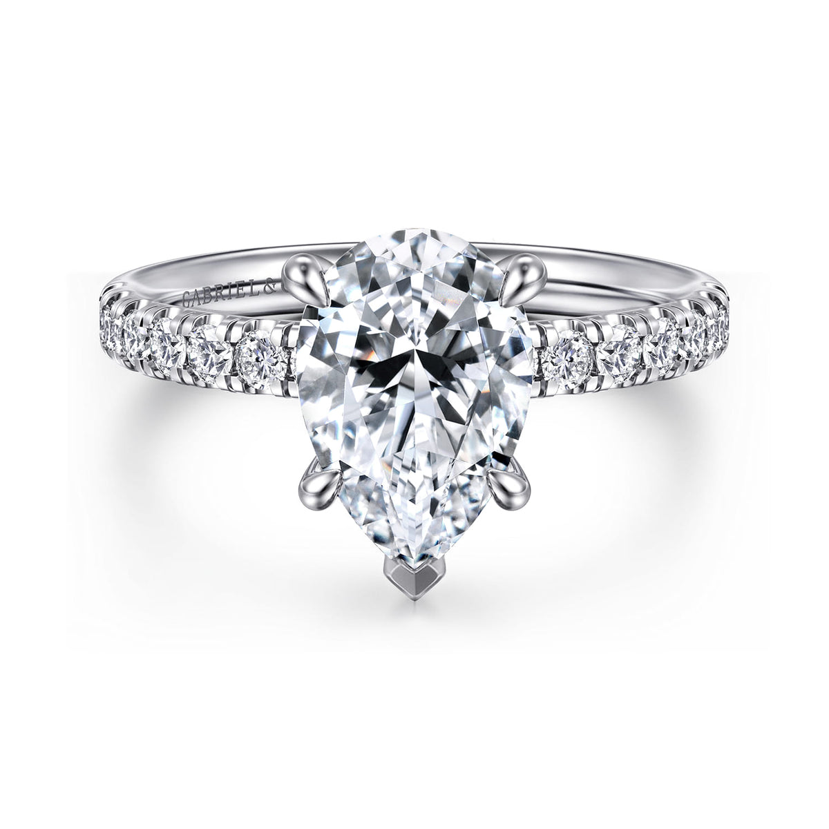 14K White Gold Pear Shape Diamond Engagement Ring — Gabriel & Co. ER16572P8W44JJ; center stone shown for illustration, not included