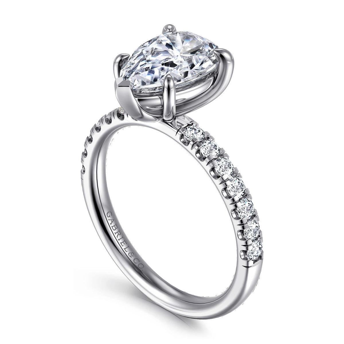 14K White Gold Pear Shape Diamond Engagement Ring — Gabriel & Co. ER16572P8W44JJ; center stone shown for illustration, not included