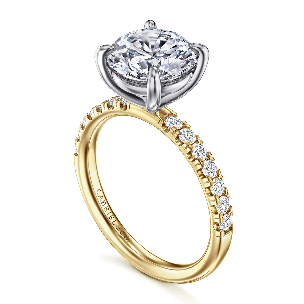 14K White-Yellow Gold Round Diamond Engagement Ring — Gabriel & Co. ER16572R12M44JJ; center stone shown for illustration, not included