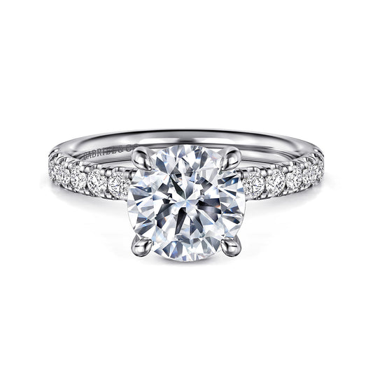 14K White Gold Round Diamond Engagement Ring — Gabriel & Co. ER16572R8W44JJ; center stone shown for illustration, not included