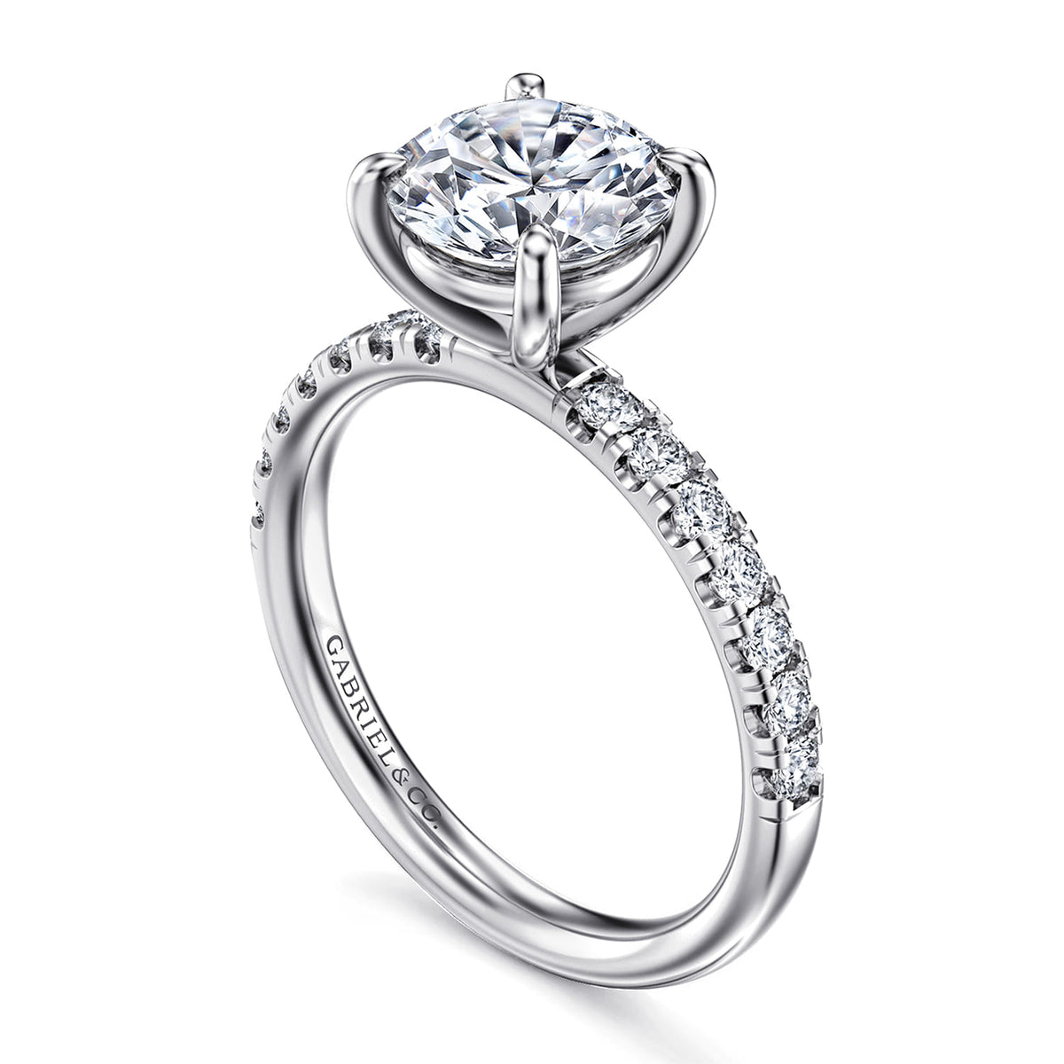14K White Gold Round Diamond Engagement Ring — Gabriel & Co. ER16572R8W44JJ; center stone shown for illustration, not included