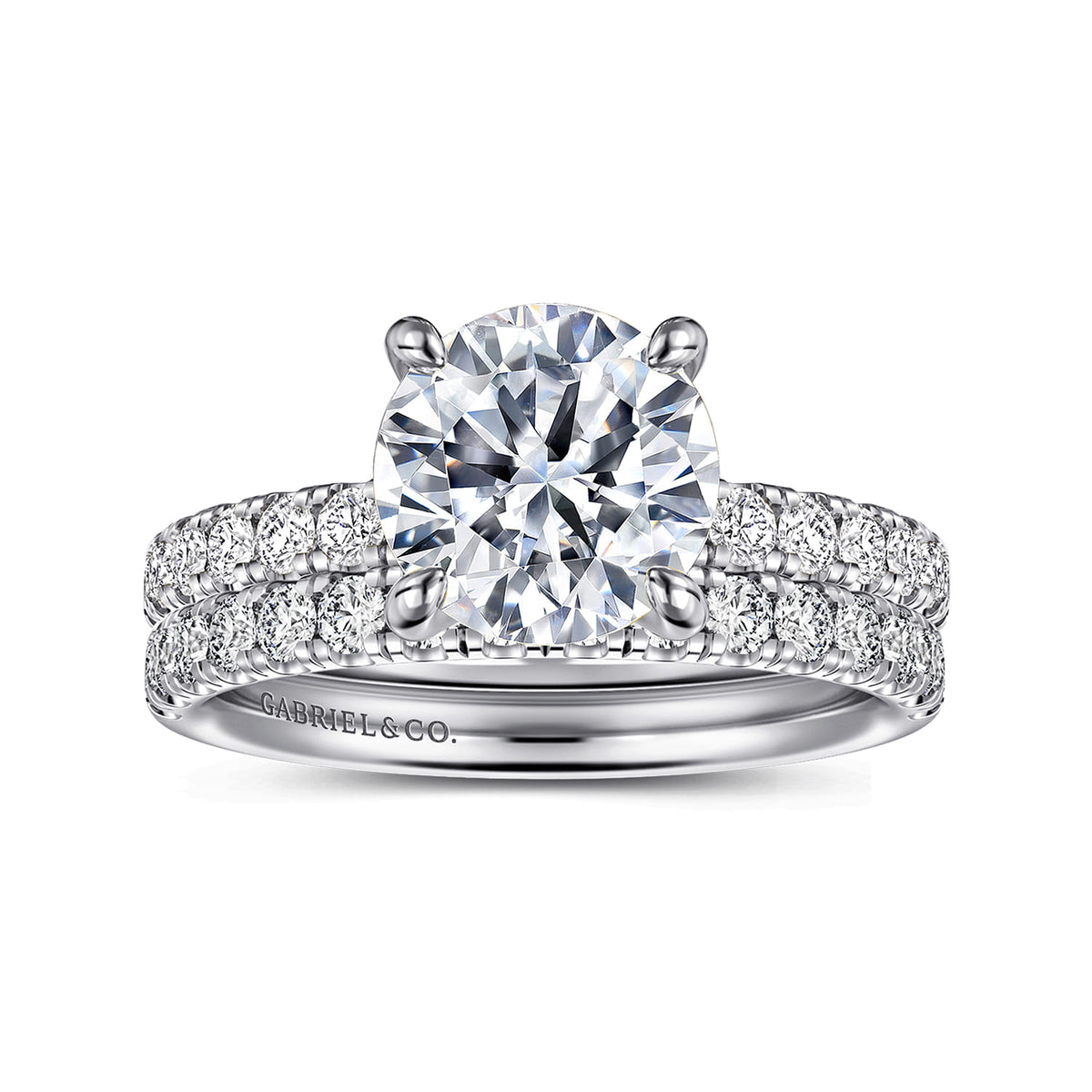 14K White Gold Round Diamond Engagement Ring — Gabriel & Co. ER16572R8W44JJ; center stone shown for illustration, not included