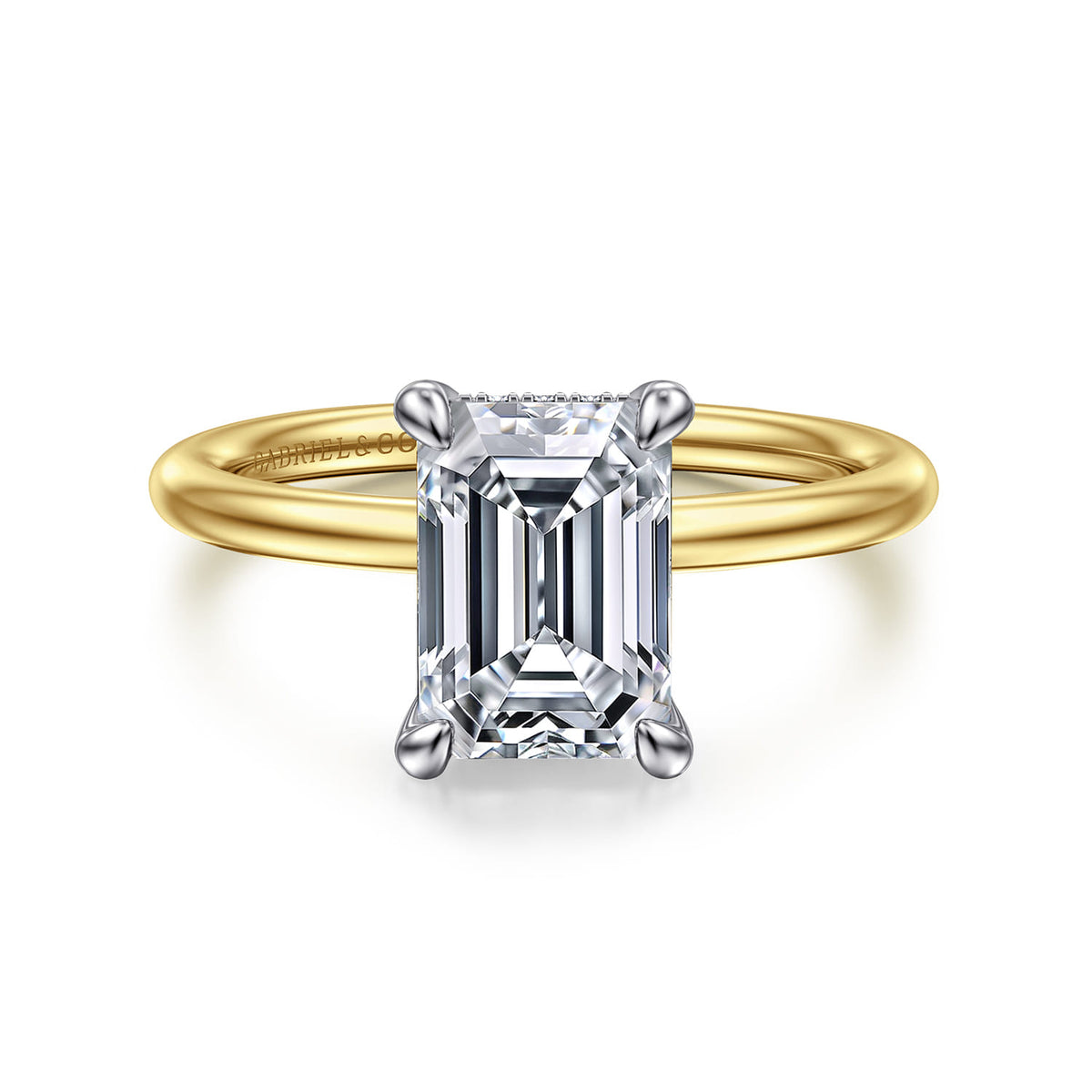 14K White-Yellow Gold Emerald Cut  Diamond Engagement Ring — Gabriel & Co. ER16619E8M44JJ; center stone shown for illustration, not included