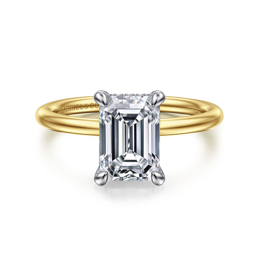 14K White-Yellow Gold Emerald Cut  Diamond Engagement Ring — Gabriel & Co. ER16619E8M44JJ; center stone shown for illustration, not included