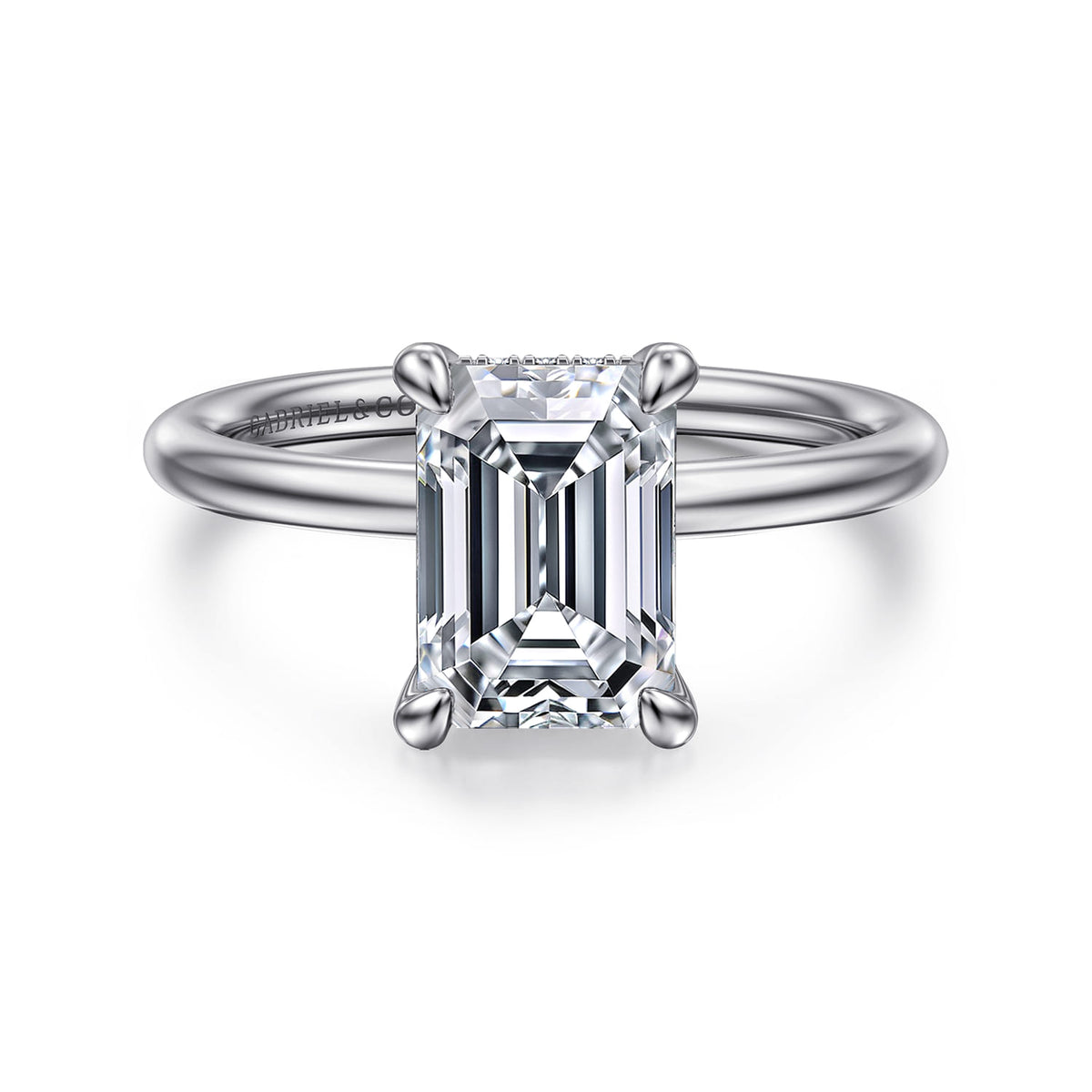 14K White Gold Emerald Cut  Diamond Engagement Ring — Gabriel & Co. ER16619E8W44JJ; center stone shown for illustration, not included
