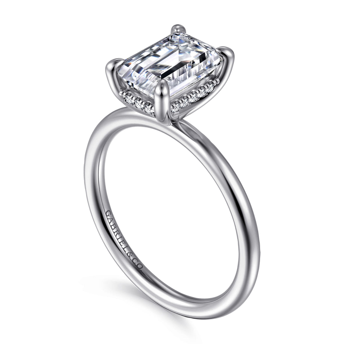 14K White Gold Emerald Cut  Diamond Engagement Ring — Gabriel & Co. ER16619E8W44JJ; center stone shown for illustration, not included
