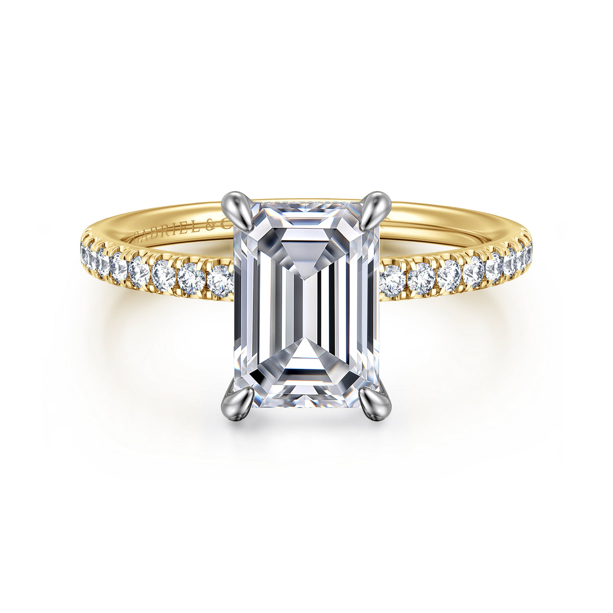 14K Yellow-White Gold Emerald Cut Hidden Halo Diamond Engagement Ring — Gabriel & Co. ER16620E8M44JJ; center stone shown for illustration, not included